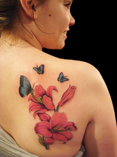 Flower and Butterfly Shoulder Tattoo Design