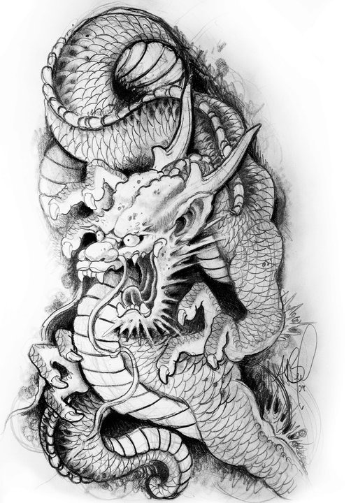 Black And Grey Japanese Dragon Tattoo Design