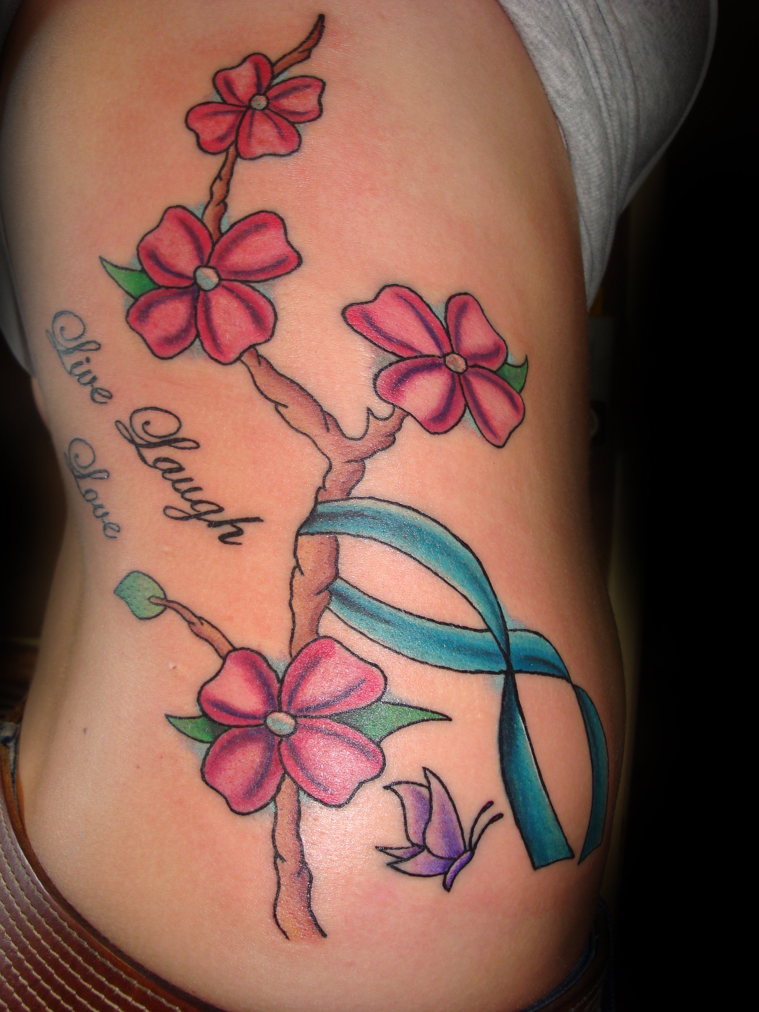 Cancer Ribbon Tattoos with Flowers