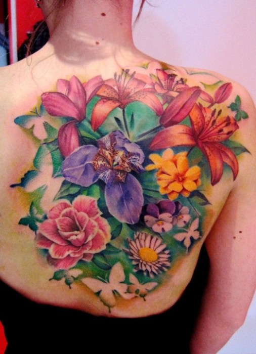 Colorful Flower Back Tattoo