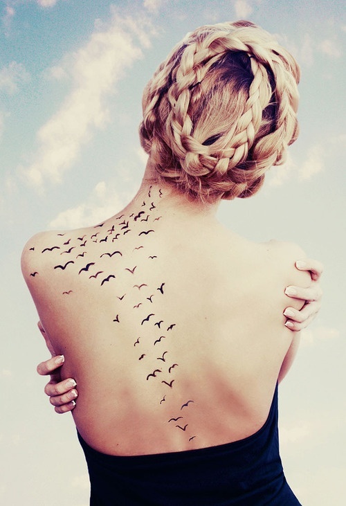Feminine Birds Tattoo On Back