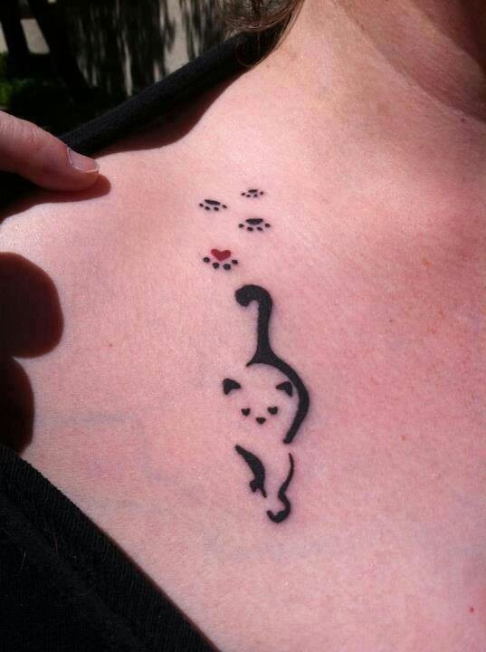 Cat with Paw Prints Tattoo
