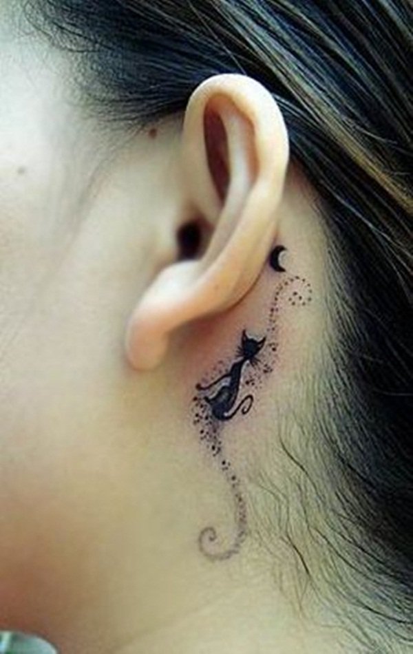 Small Black Cat Tattoo Behind Ear