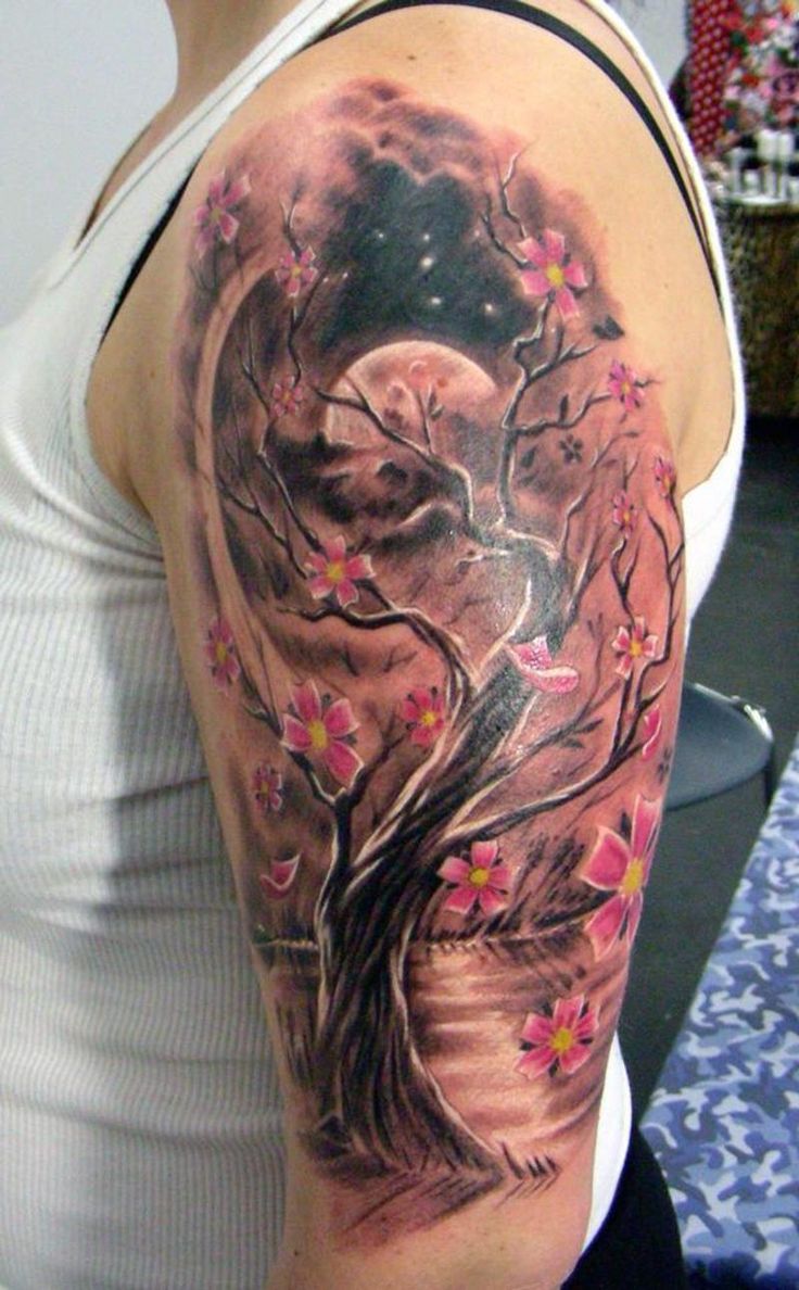 Cherry Blossom Tree and Moon Tattoo