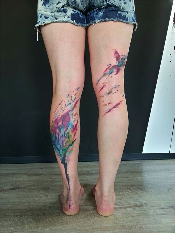 Colorful Watercolor Tree Tattoo On Leg