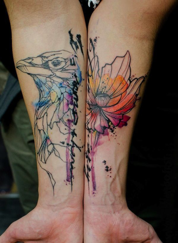 Crow and Flower water colour tattoo