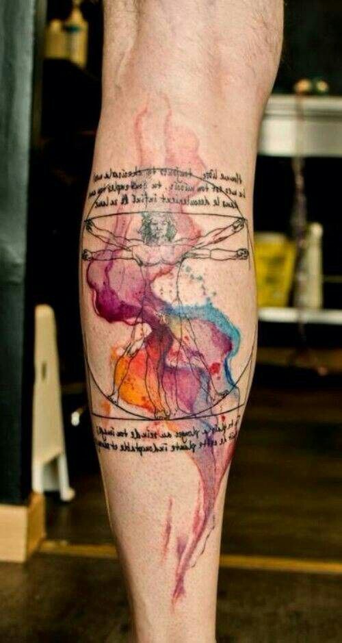 Leonardo Vitruvian Man water color tattoo