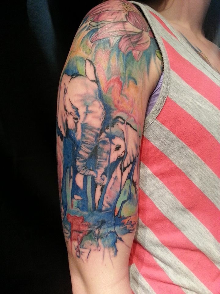 Lotus Elephant Watercolor Tattoos On Half Sleeve For Women