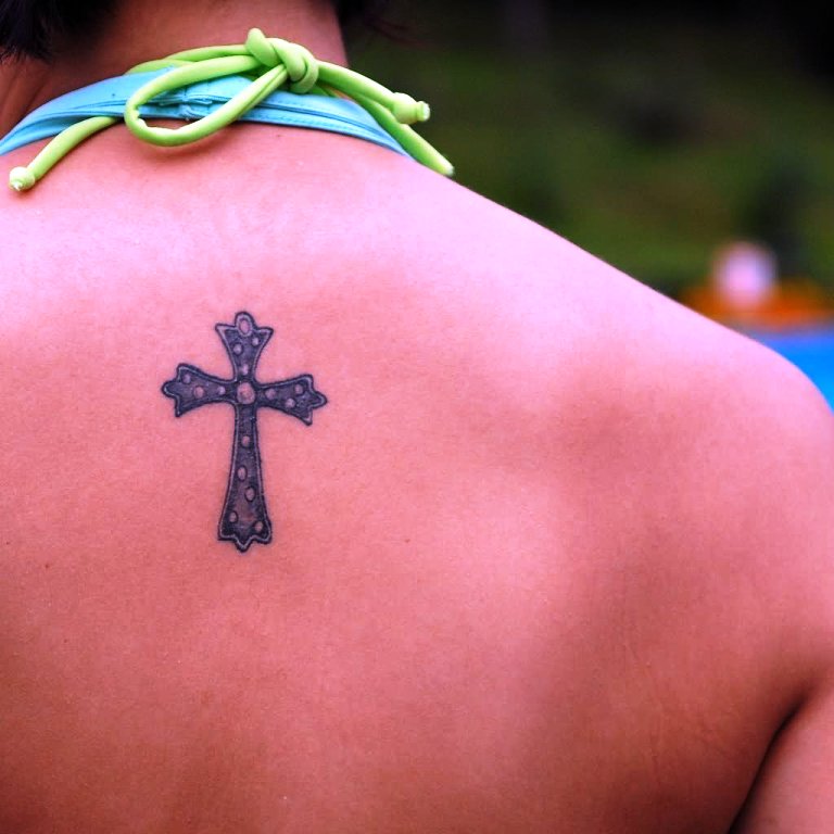 Small-Catholic-Cross-Tattoo-design-on-Back-for-girls