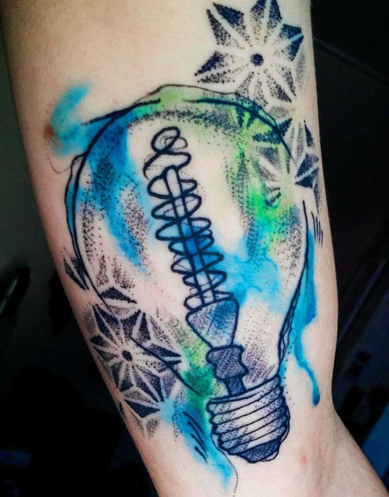 Watercolor Bulb Tattoo On Right Sleeve