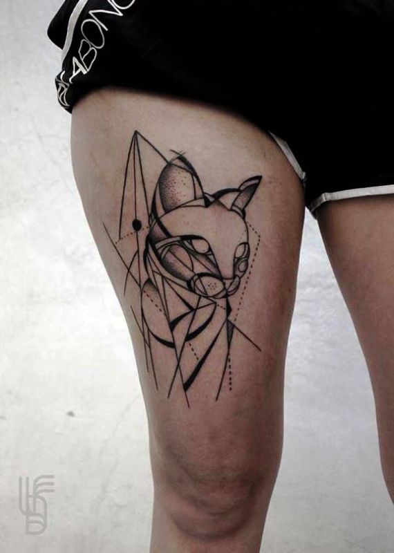 geometric-cat-tattoo-on-leg