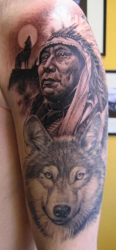 indian-chief-wolf-tattoo-designs