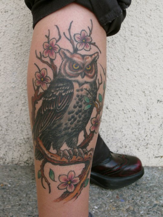 owl-tattoo-on-calf-for-women