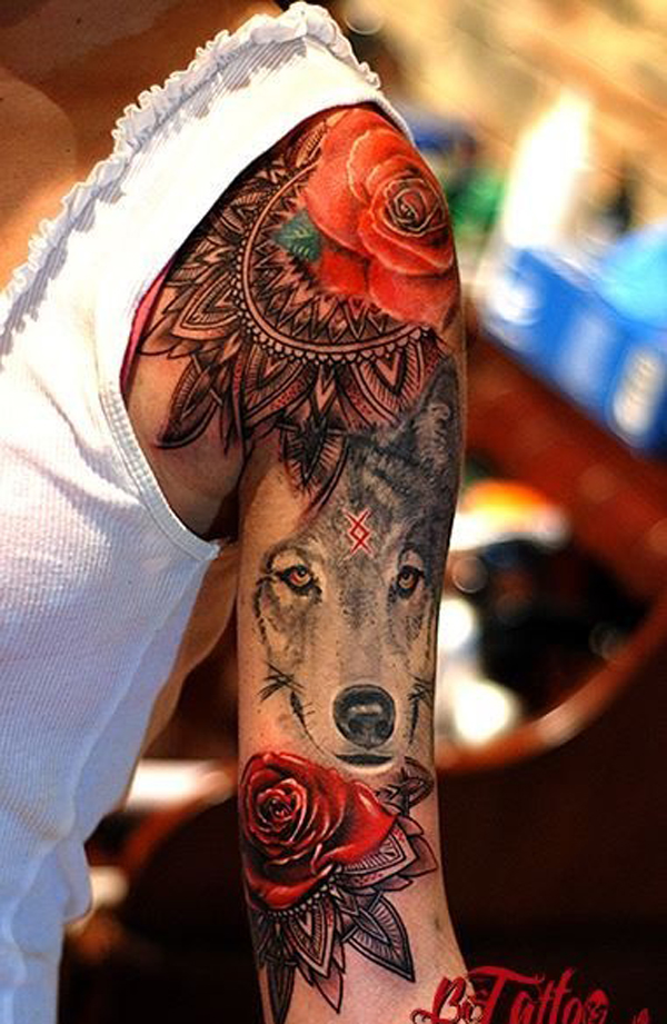 wolf-mandala-tattoo-with-roses
