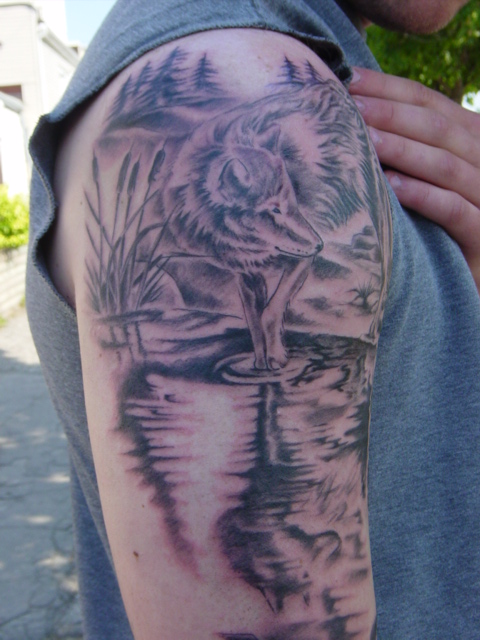 wolf-mountain-tattoo-sleeve
