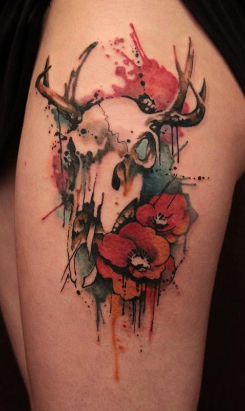 Animal Skull with Flowers Tattoo