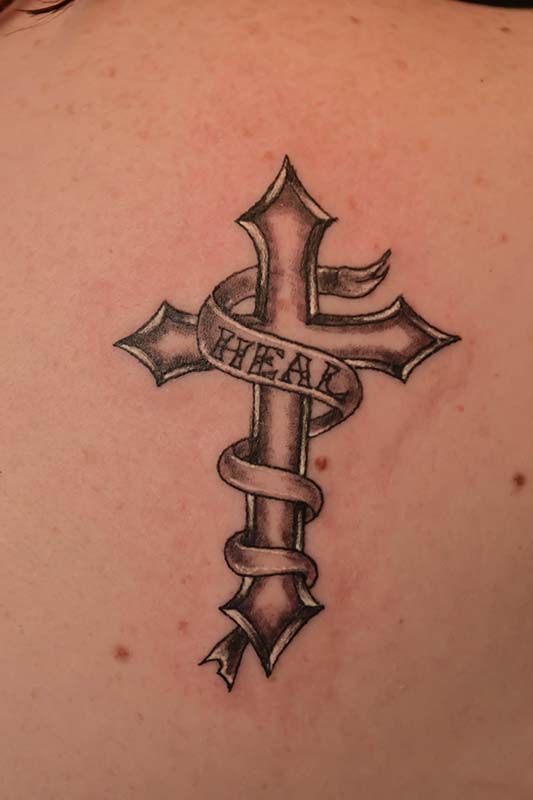 Bible with Cross Ribbon Tattoos