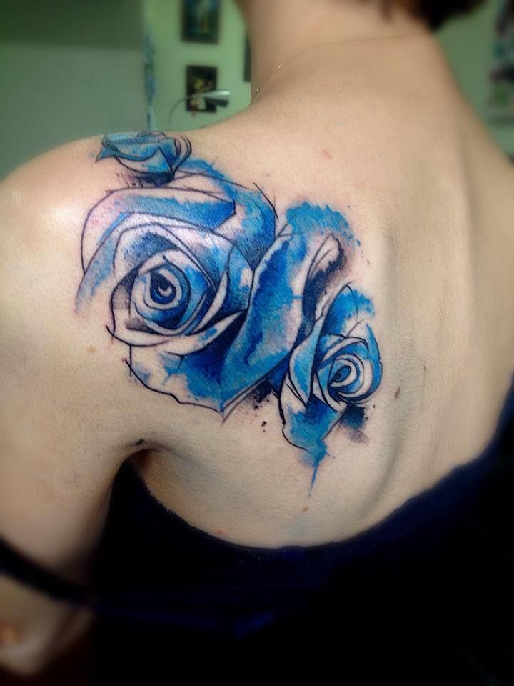 Blue Watercolor Rose Tattoo