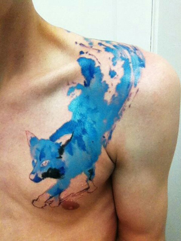Blue Watercolor Tattoo Fox