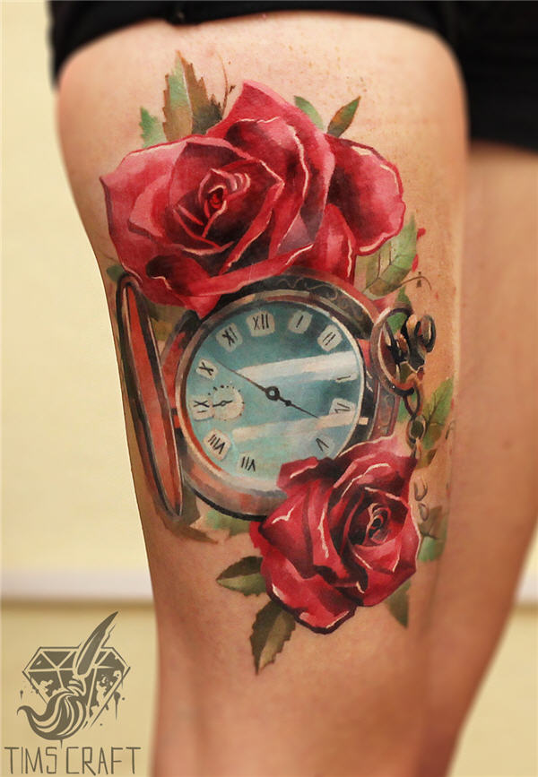 Clock with Roses Tattoo On Thigh