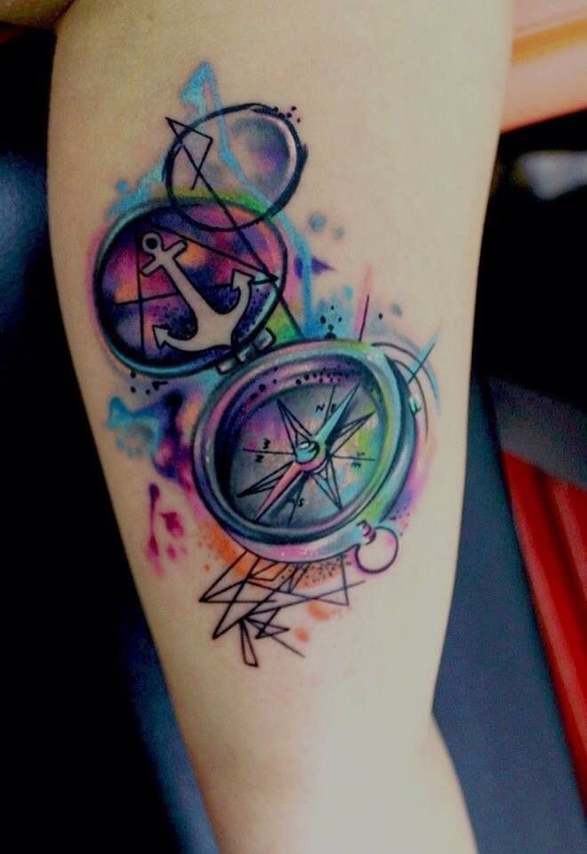 Colorful Compass Tattoo