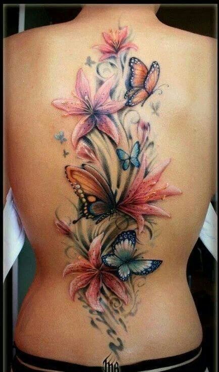 Flowers and Butterflies Tattoo On Back