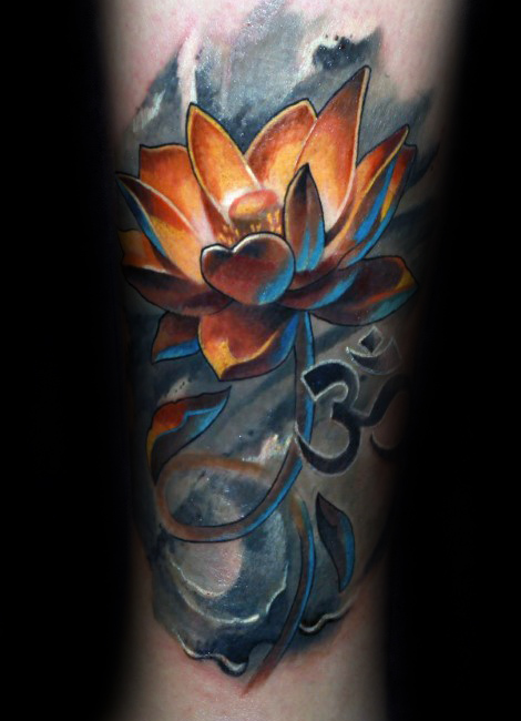 Orange Watercolor Lotus Flowers Tattoos