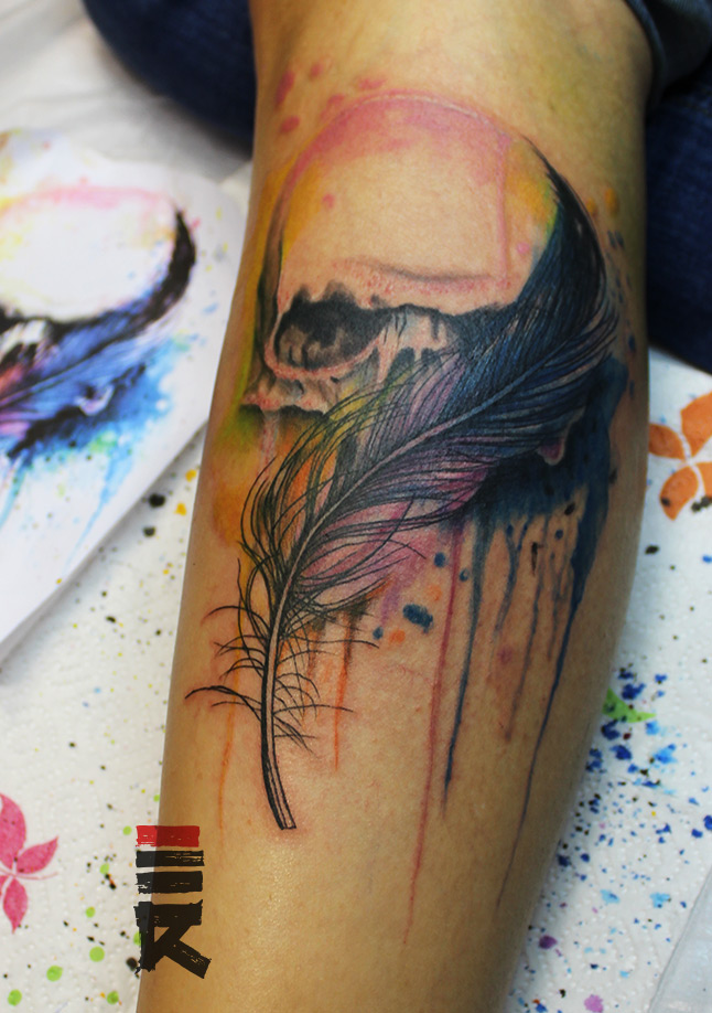 Skull Watercolor Tattoos Feather Design
