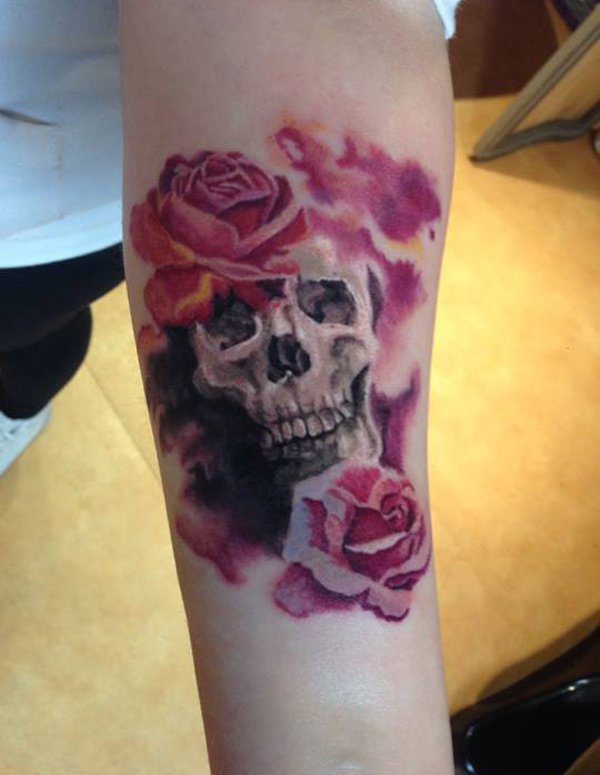 Skull and Flower Tattoo Forearm