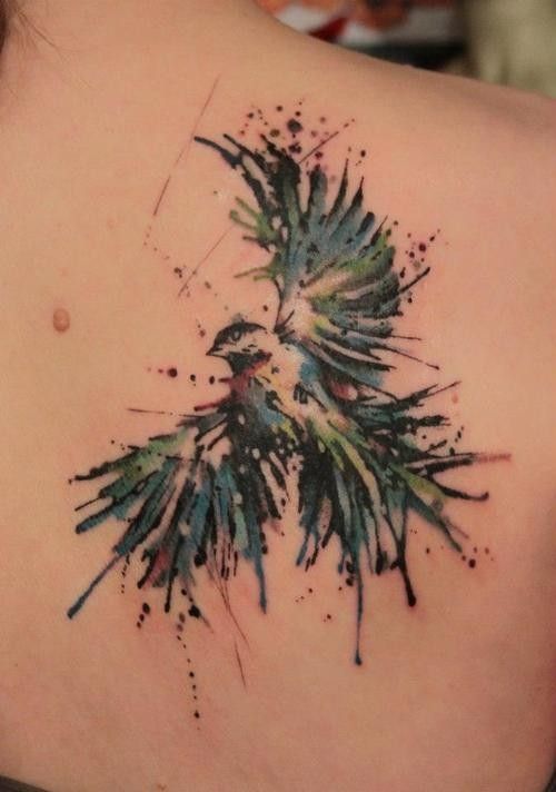 Watercolor Bird Tattoo On Back