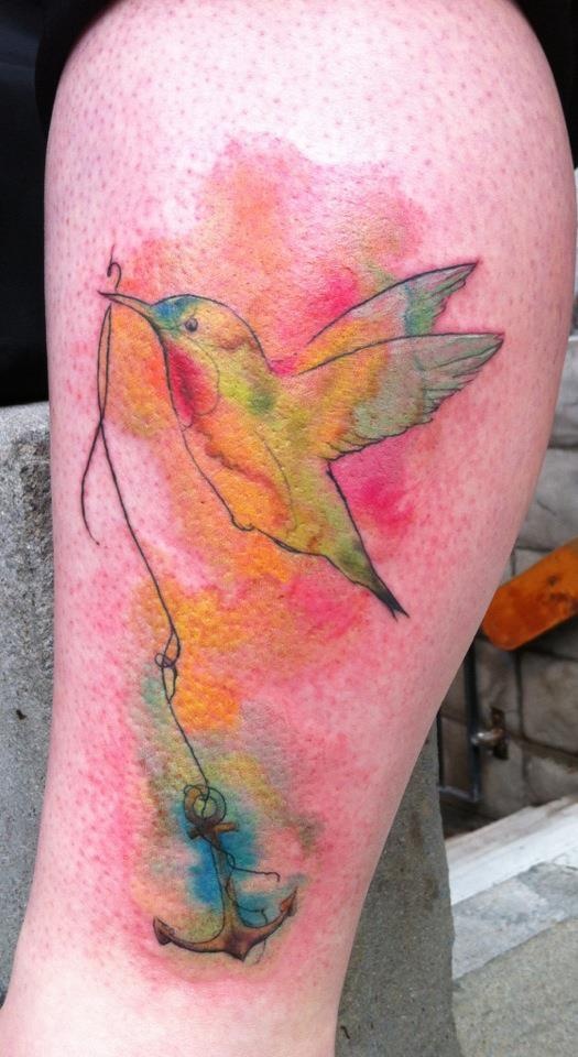 Watercolor Bird Tattoo with Anchor