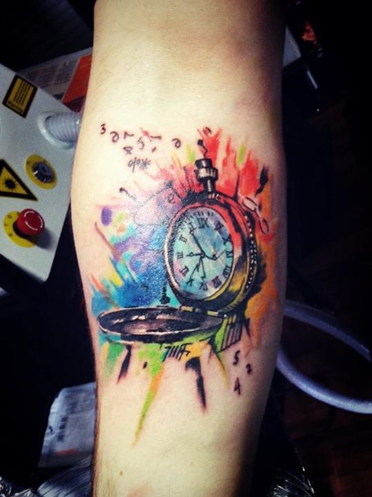 Watercolor Clock Tattoo Design