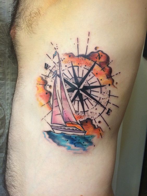 Watercolor Compass Tattoo Man