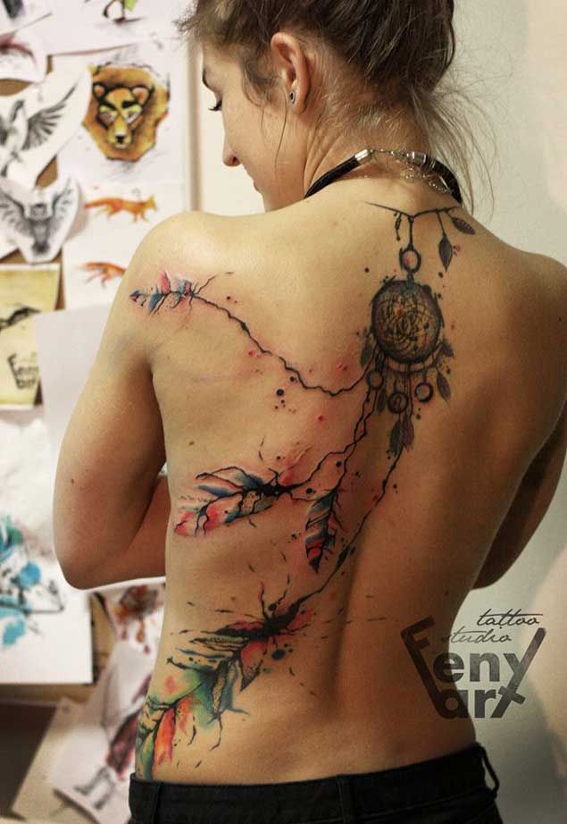 Watercolor Dream Catcher Tattoo Girl