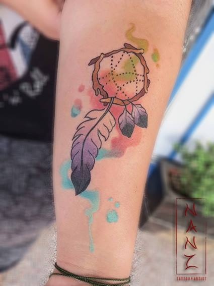 Watercolor Dream Catcher Tattoo hand