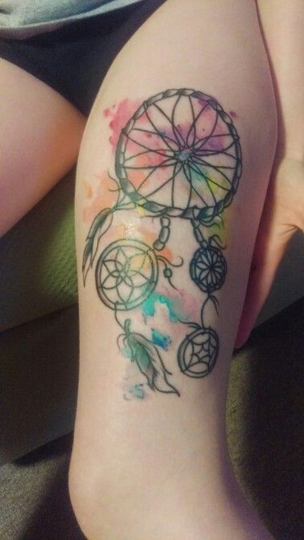 Watercolor Dreamcatcher Tattoo Thigh