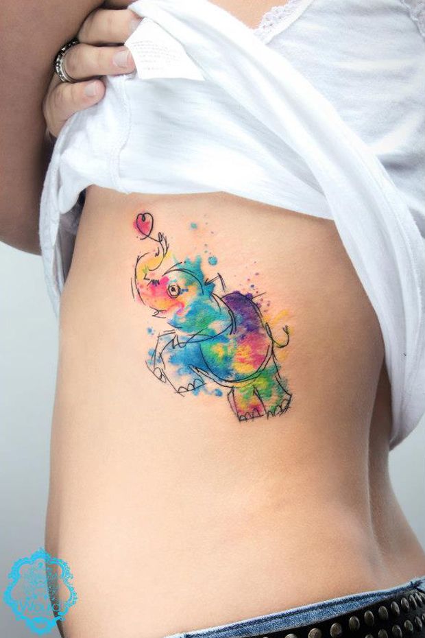 Watercolor Elephant Tattoo Side
