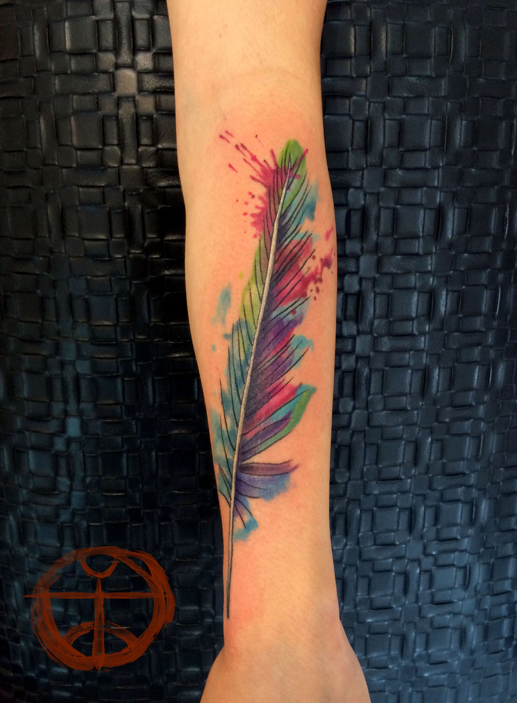 Watercolor Feather Tattoo hand Ideas