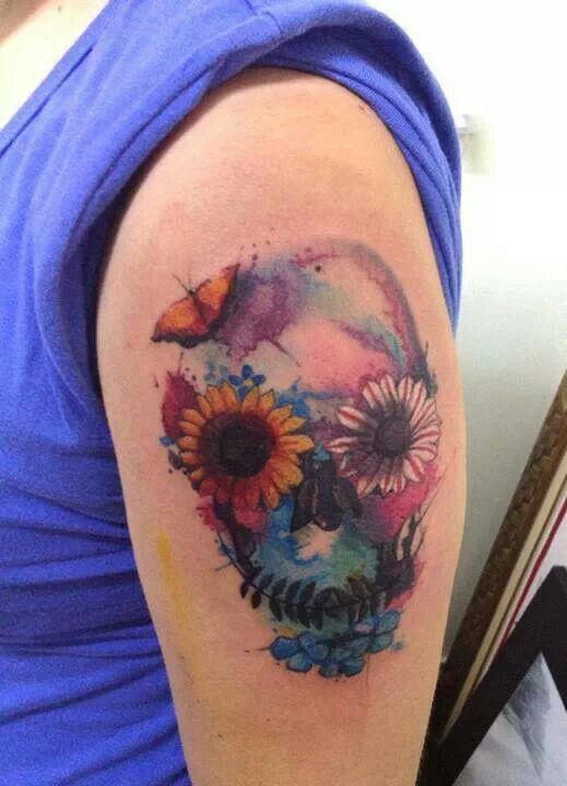 Watercolor Flower Skull Tattoo