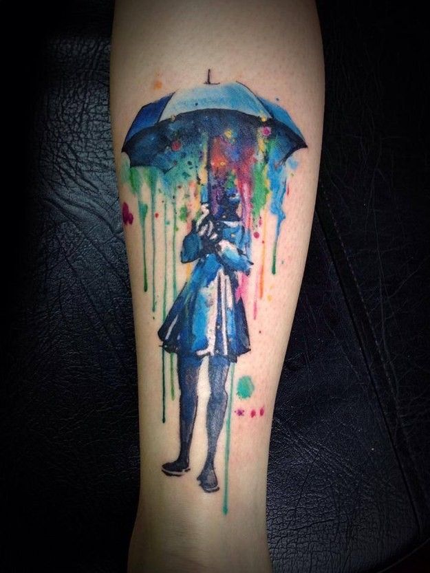 Watercolor Girl Umbrella Tattoo
