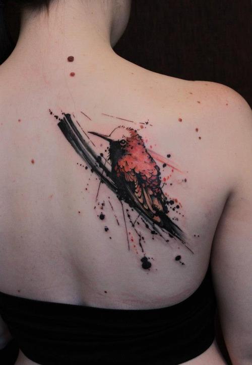 Watercolor Hummingbird Tattoo On Back
