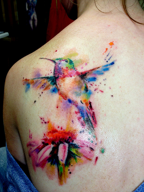 Watercolor Hummingbird Tattoo back Ideas