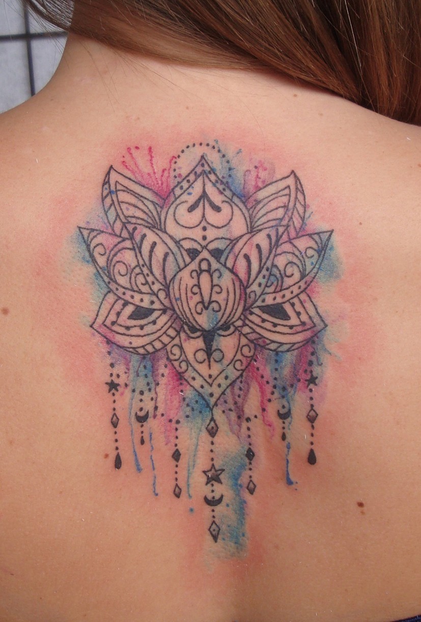 Watercolor Lotus Tattoo back