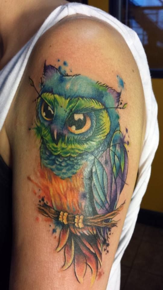 Watercolor Owl Tattoo Sholder