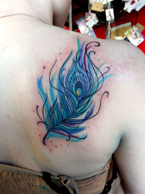 Watercolor Peacock Feather Tattoo Back