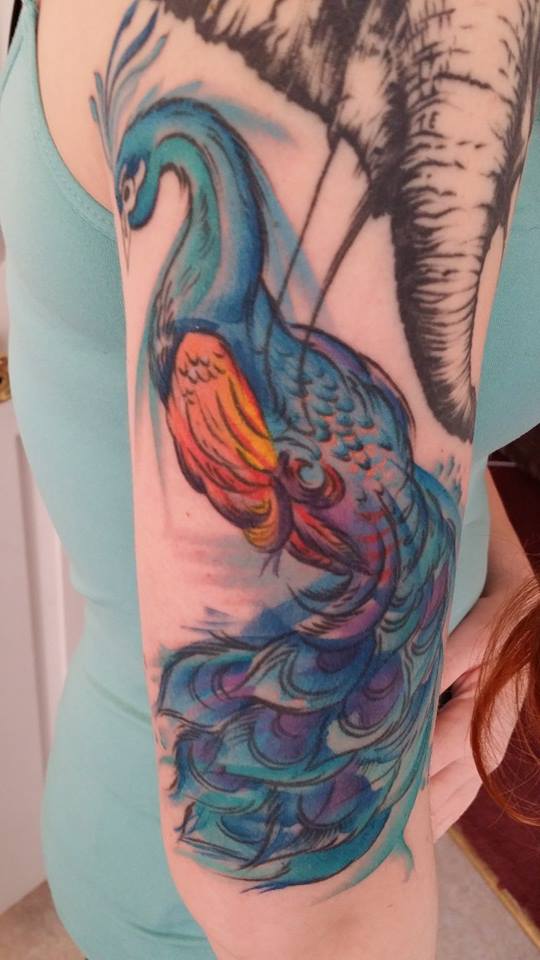 Watercolor Peacock Tattoo Design
