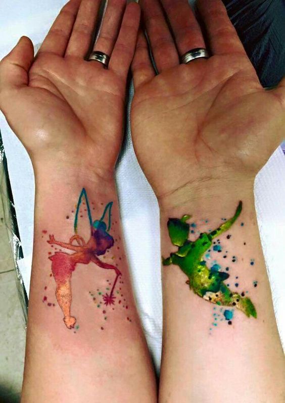 Watercolor Peter Pan and Tinkerbell Tattoo