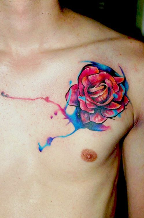 Watercolor Rose Tattoo On Chest