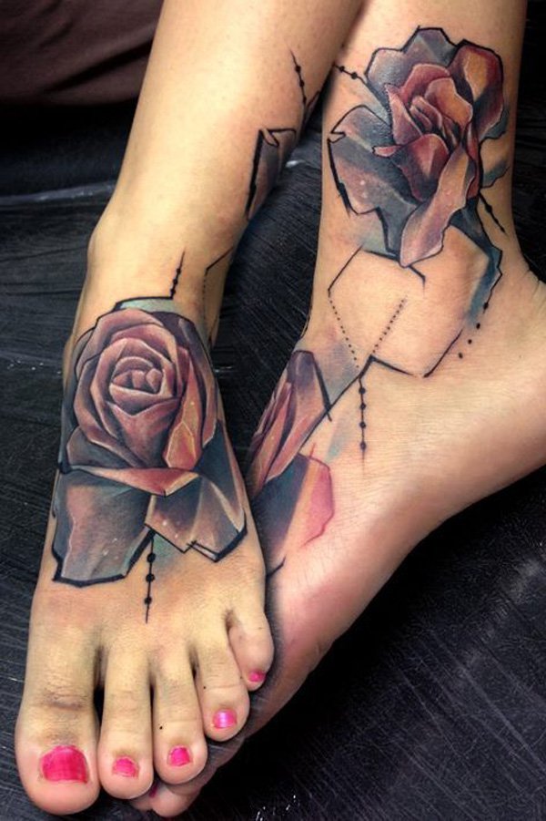 Watercolor Rose Tattoo On Foot
