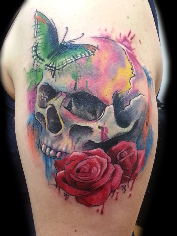 Watercolor Rose and Skull Tattoos